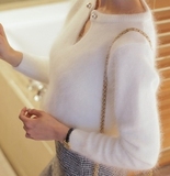 韩国东大门代购毛衣女套头短款圆领修身珍珠领貂绒兔毛白色打底衫