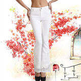 花梨木园钉珠裤白色牛仔裤女蕾丝珠绣微喇长裤时尚洋气质显瘦