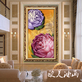 欧美式客厅玄关走道有框装饰品墙贴挂画手绘竖版花卉油画富贵牡丹