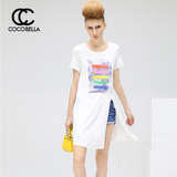 COCOBELLA 2016夏季新品中长款侧开叉彩虹涂鸦女短袖女士T恤TE323
