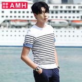 AMH男装韩版2016夏装新款时尚修身圆领挽边条纹短袖T恤男NZ3297燊