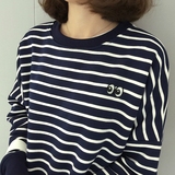 2016春季新款韩版宽松长袖圆领套头卫衣女 眼睛刺绣条纹上衣学生
