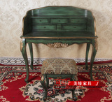 美式乡村实木新古典琴桌做旧卧室梳妆台公主复古绿蓝白桌化妆台柜