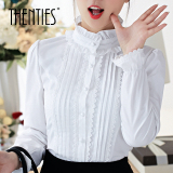 2016春秋加绒加厚韩版女衬衫长袖蕾丝衫立领打底衫白衬衣高领上衣