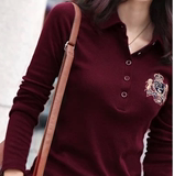 2016韩版长袖T恤女翻领修身显瘦纯棉T恤衫女士春装上衣体恤带领子
