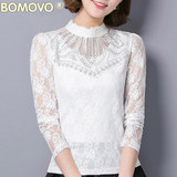 Bomovo2016秋冬季新款大码女装欧美半高领蕾丝打底衫长袖名媛T恤