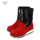 BAFFN/芭芬套筒女靴真皮圆头坡跟亮片防滑保暖雪地靴头层牛皮中筒