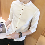 中袖男装休闲短袖衬衫韩版修身七分袖英伦衣服男士青年新款潮衬衣