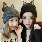 韩国代购蕾哈娜蕾丝水钻可爱猫耳朵针织毛线帽子女秋冬天新款