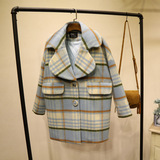 韩国代购2015秋冬新款大码加厚保暖格子毛呢外套中长款羊绒大衣女