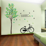田园风格卧室客厅走廊大型背景墙面装饰清新绿树自行车墙贴纸贴画