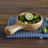zakka日式原木制有柄木碗 单柄实木沙拉碗 水果碗 创意原木餐具