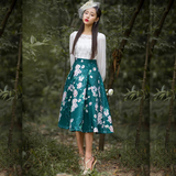 2015年秋冬季中国风复古新款欧根纱重工绣花绿色连衣裙长袖
