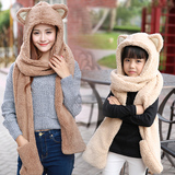 韩版猫耳朵可爱围巾冬季女围脖加厚女帽子围巾手套一体亲子款