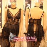 韩国代购 EBLIN 14夏新款女生性感睡衣睡裙-语笑嫣然性感黑色蕾丝
