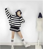 2015秋季女装韩版原宿风学生条纹半高领宽松套头长袖加绒卫衣女