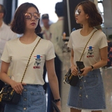 刘诗诗机场同款套装 白色短袖T恤牛仔半身裙两件套装裙2016夏装女