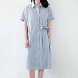 LILI|韩国原单 日式文艺简约侧绑带不对称 条纹中长款衬衫连衣裙
