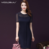 vooguu2016夏季新款短袖纯色纱网重磅真丝连衣裙修身显瘦优雅女装