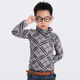 韩版潮新款高领儿童男童长袖T恤 中大童格子内衣细腻柔软 打底衣
