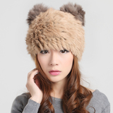 包邮 兔毛帽子女冬季 猫耳朵毛线帽可爱韩版潮针织帽护耳带内胆