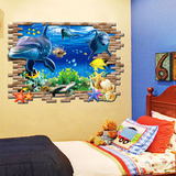3d立体感墙贴画儿童房小男孩卧室宝宝床头卡通贴纸海底世界海豚鱼