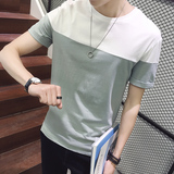 夏季男士短袖t恤拼接色日系潮牌 韩版修身青少年男生半截袖衣服男