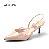 Westlink西遇女鞋2016春季新款尖头浅口后空鞋牛漆皮绑带OL细跟鞋
