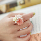 A338韩国时尚首饰品 韩版配饰镶钻大珍珠夸张花朵食指戒指环女