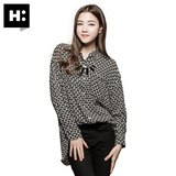 H:CONNECT韩版潮 女装长款几何印花雪纺衬衫长袖百搭宽松上衣