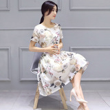 2016夏装新款女装韩版裙子印花中长款短袖连衣裙修身大摆时尚中裙