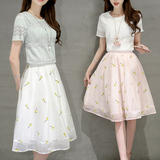 套装裙女2016夏韩版短袖蕾丝雪纺衫刺绣半身蓬蓬纱裙两件套连衣裙