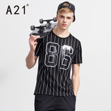 A21男装黑白撞色运动风T恤 2016夏装速干条纹休闲字母印花短袖潮T