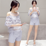 时尚套装女2016夏季新款韩版蕾丝拼接漏肩上衣休闲短裤两件套套装