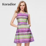 Koradior/珂莱蒂尔正品夏季撞色修身显瘦无袖优雅时尚印花连衣裙