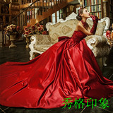 2015新款影楼红色拖尾婚纱主题服装内景情侣拍照写真韩版摄影礼服