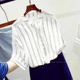 2016夏季韩版新款大码宽松条纹休闲短袖棉麻衬衫女V领T恤亚麻衬衣