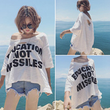 2016韩版女装夏季新品印花字母宽松大码做旧破洞休闲短袖T恤上衣