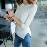 韩国春季韩版圆领百搭修身开叉长袖T恤针织上衣白色紧身打底衫女