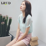 LRUD2016夏季新款韩版宽松套头镂空针织衫女简约纯色短袖罩衫上衣