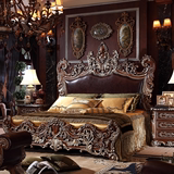 欧式真皮床美式实木双人床复古雕花床卧室奢华大床仿古典深色床