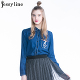 杰西莱jessyline2016秋装新款 杰茜莱正品刺绣牛仔长袖衬衫女衬衣