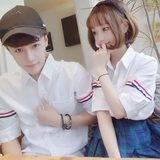 16夏季新款韩国情侣装5分袖拼接衬衣男女学生款短袖小清新衬衫潮