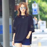韩国代购2016MAR新春季女装大码宽松纯色复古镂空圆领七分短袖T恤