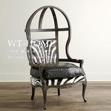 美式乡村太空椅蛋壳椅欧式新古典复古镂空实木雕花单人皮艺沙发椅