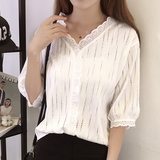 歌慕妮2016新款夏季五分袖T恤女装韩版宽松V领纯色简约镂空百搭潮