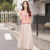 2016夏季女装棉麻连衣裙两件套中长裙女韩版短袖时尚套装裙半身裙