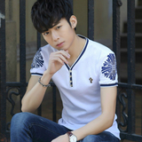 夏季男士短袖T恤休闲v领体恤韩版修身上衣青年印花纯棉白色打底衫