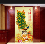 玄关走廊竖版现代大型无框画单幅装饰挂画中式动物壁画客厅孔雀