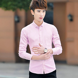 新款秋季男士长袖衬衫韩版修身外套休闲纯色上衣男装商务衬衣潮